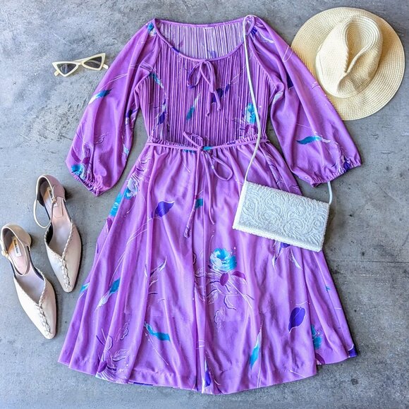 Vintage Purple Pleated Patterned Long Sleeve Top and Midi A-Line Skirt Set - Picture 1 of 16